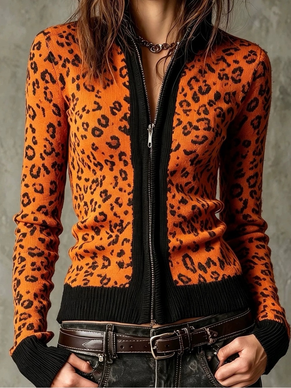 🧡 Leopard Print Zip-Front Women's Sweater Cardigan